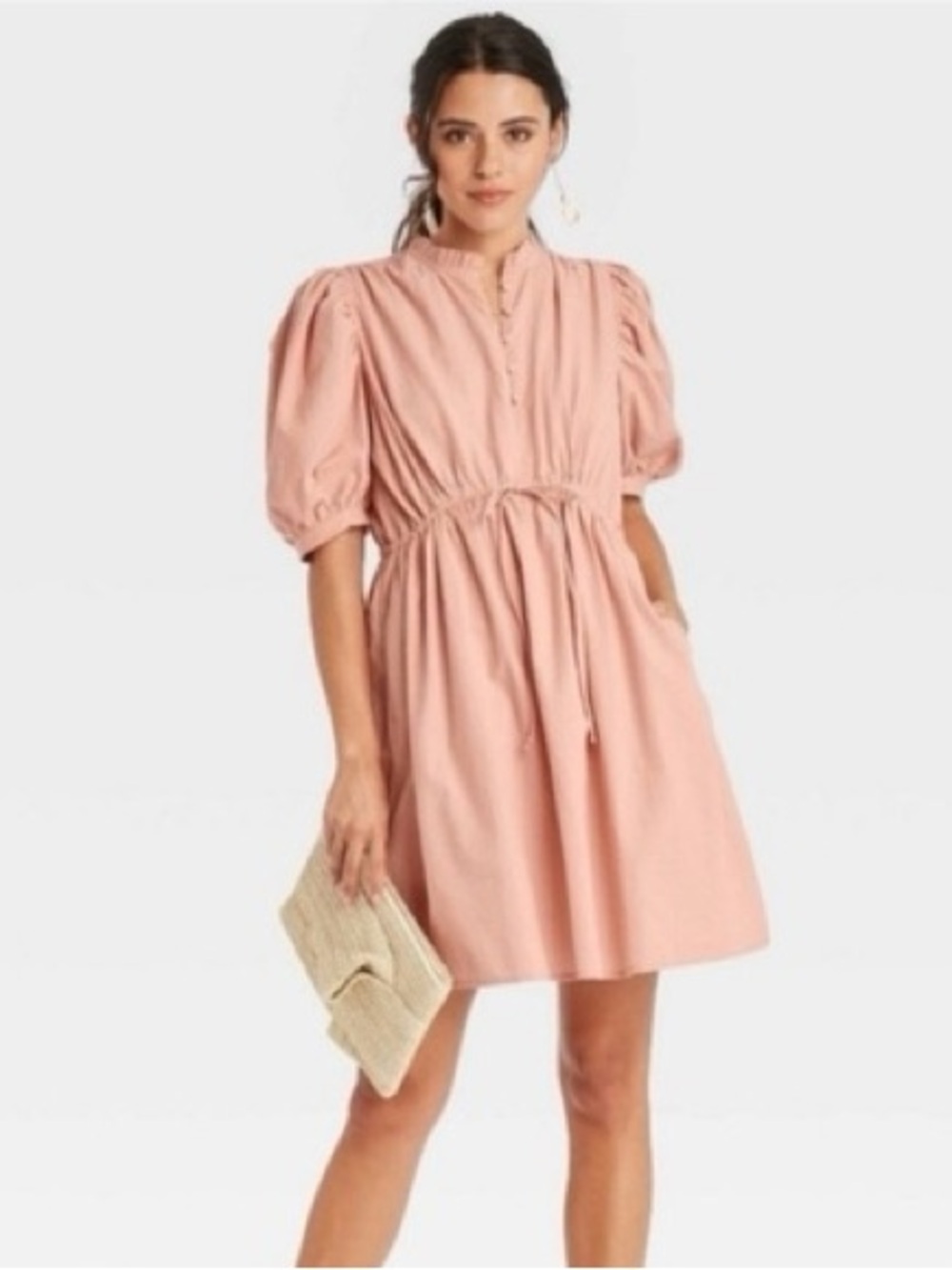 A  New Day Puff Seeve Peachy Pink Cinch Waist Mini Dress